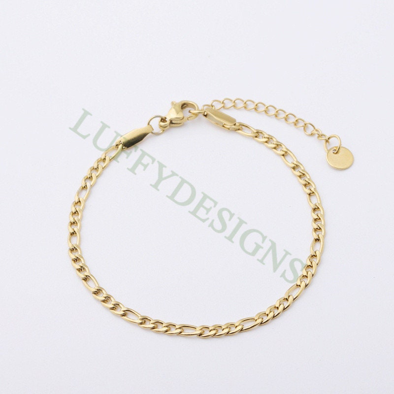 5pcs Finished Figaro Chain, 3:1 Chain Bracelet, 18k Gold plated 316L Stainless Steel, Womens Chain, Womens Bracelet, Hypoallergenic Chain