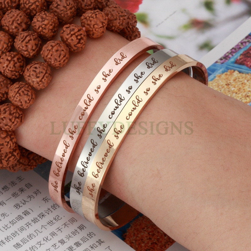 Personalized Bangle Bracelet, Inspirational Cuff Bracelet, Custom Name Bangle, Engraved Cuff Bracelet, Customized Steel Cuff, Gift for Her