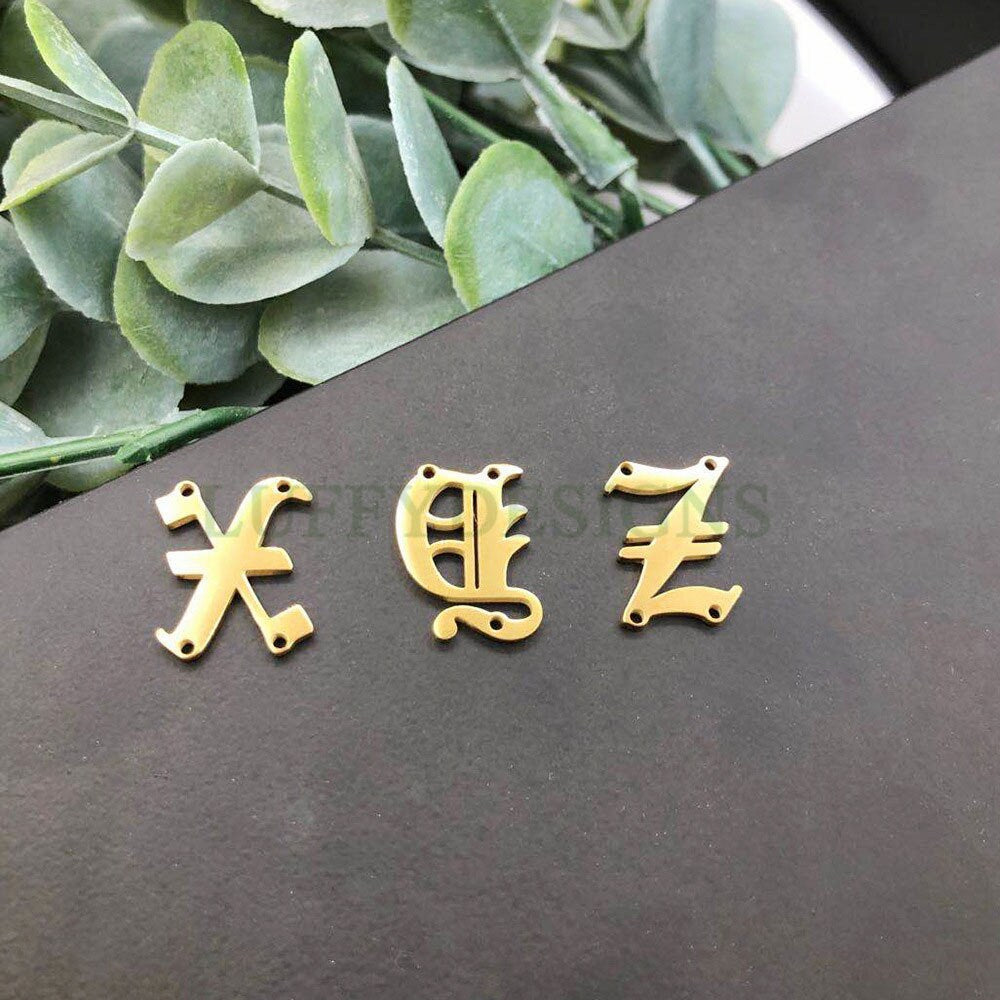 Gothic Letter Charm, Alphabet Charm, Gold Letter Charm, 26 Letters Initial Charms, Gold Plated Stainless Steel, Old English Letter Pendant