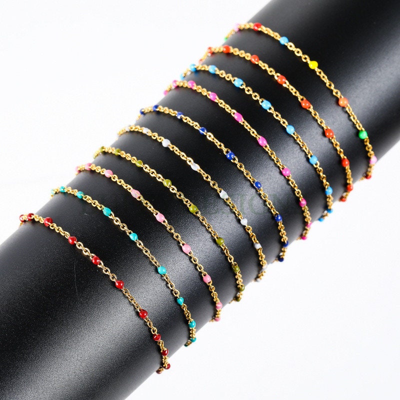 6pcs Enamel Satellite Bracelet, Gold plated Stainless Steel, Unfinished Gold Rosary Bracelet, Rainbow Epoxy Ball Bracelet for Jewelry Making