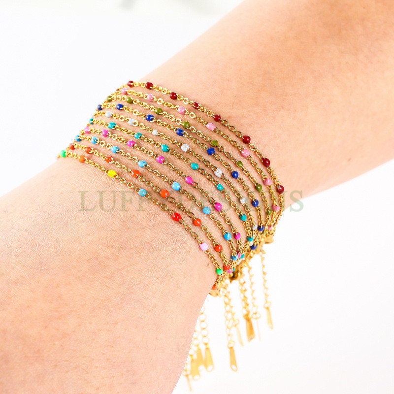 6pcs Enamel Satellite Bracelet, Gold plated Stainless Steel, Unfinished Gold Rosary Bracelet, Rainbow Epoxy Ball Bracelet for Jewelry Making