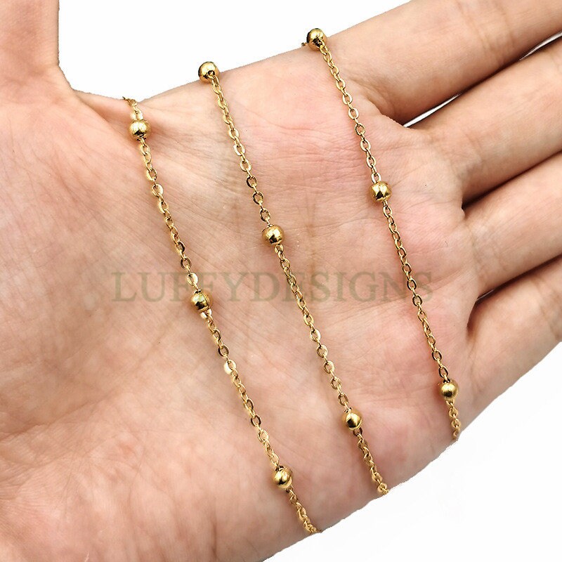 16ft/5m Gold Beads Chain, 1.2mm/1.5mm Silver Chain with Beads, 18k Gold plated Stainless Steel, Spacer Beads Chain, Unfinished Chain
