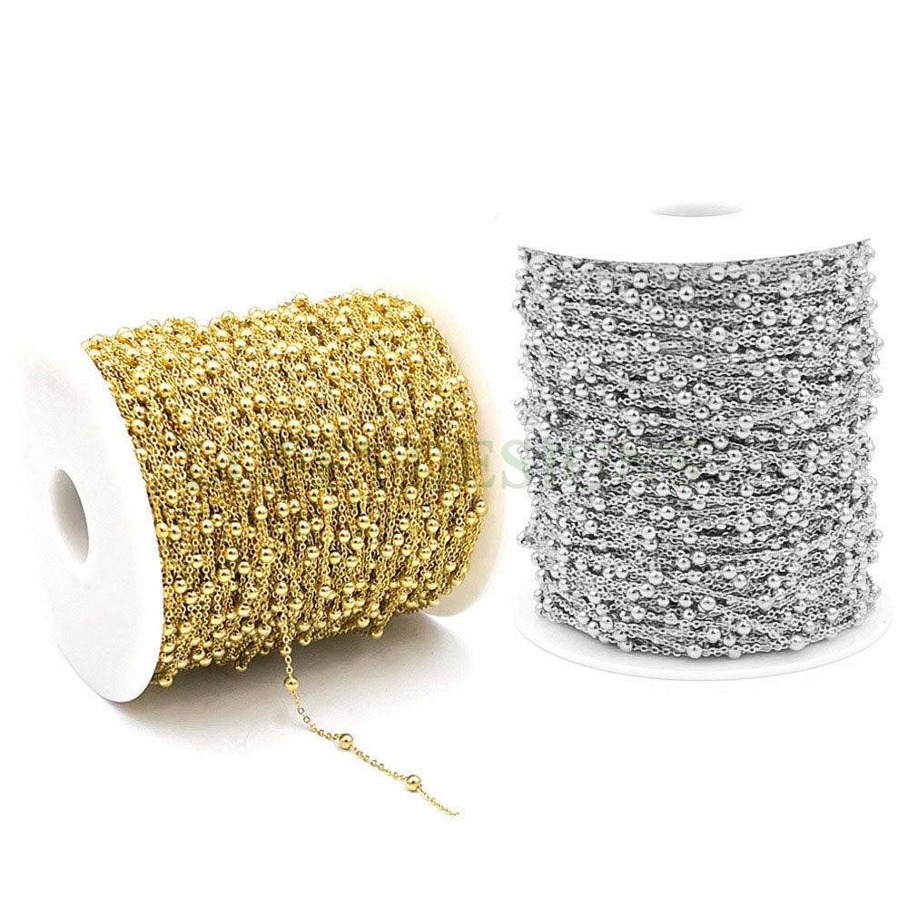 16ft/5m Gold Beads Chain, 1.2mm/1.5mm Silver Chain with Beads, 18k Gold plated Stainless Steel, Spacer Beads Chain, Unfinished Chain
