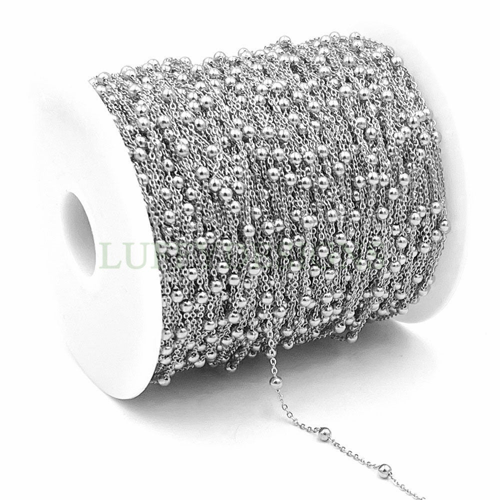 16ft/5m Gold Beads Chain, 1.2mm/1.5mm Silver Chain with Beads, 18k Gold plated Stainless Steel, Spacer Beads Chain, Unfinished Chain