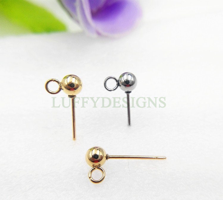 10pcs Ball Post Earring, Ball Stud Earring With Loop, 316L Stainless Steel Post, 18K Gold Plated, Earring Findings, 3mm /4mm /5mm /6mm /8mm