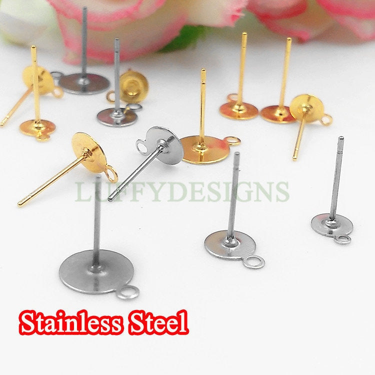 20pcs Earring Post Studs Flat Pad With Loop, 18K Gold Plated 316L Stainless Steel Post, Earring Findings, Stud Supplies, 5mm /6mm /8mm /10mm
