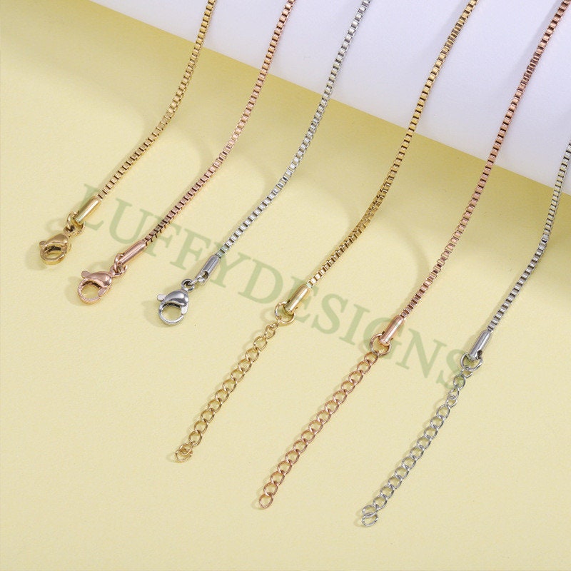 5pcs Finished Box Chain, 1.5mm Square Box Chain Necklace, 18k Gold plated 316L Stainless Steel, Hypoallergenic Womens Chain,Women's Necklace