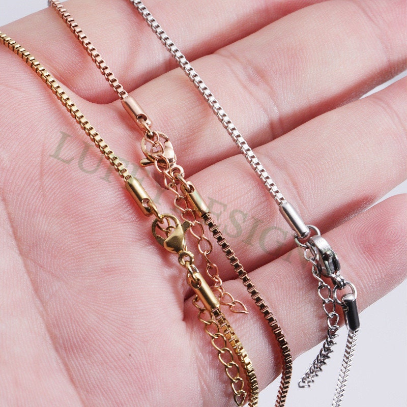 5pcs Finished Box Chain, 1.5mm Square Box Chain Necklace, 18k Gold plated 316L Stainless Steel, Hypoallergenic Womens Chain,Women's Necklace