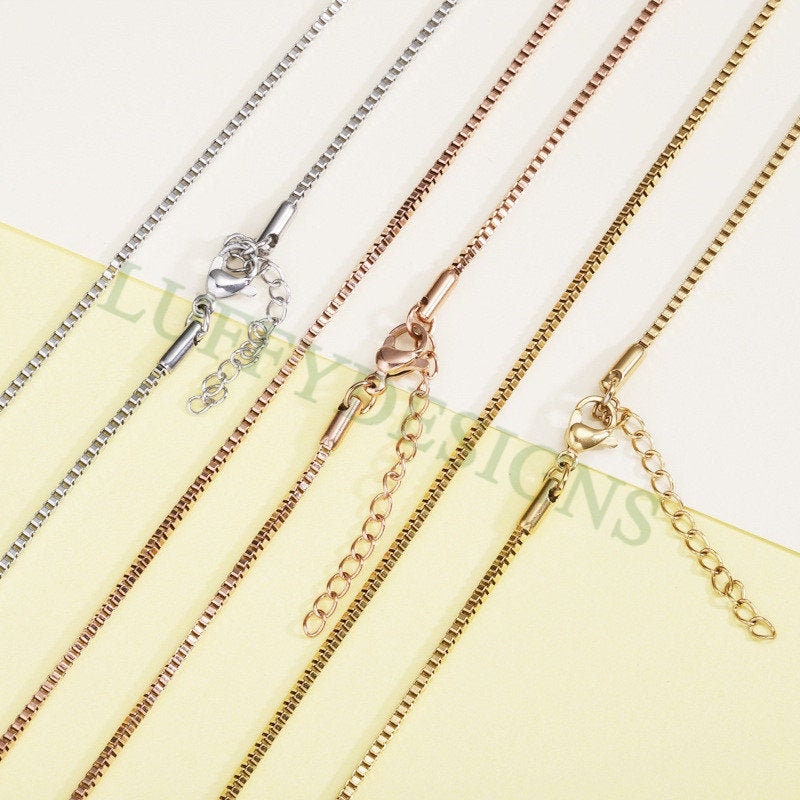 5pcs Finished Box Chain, 1.5mm Square Box Chain Necklace, 18k Gold plated 316L Stainless Steel, Hypoallergenic Womens Chain,Women's Necklace