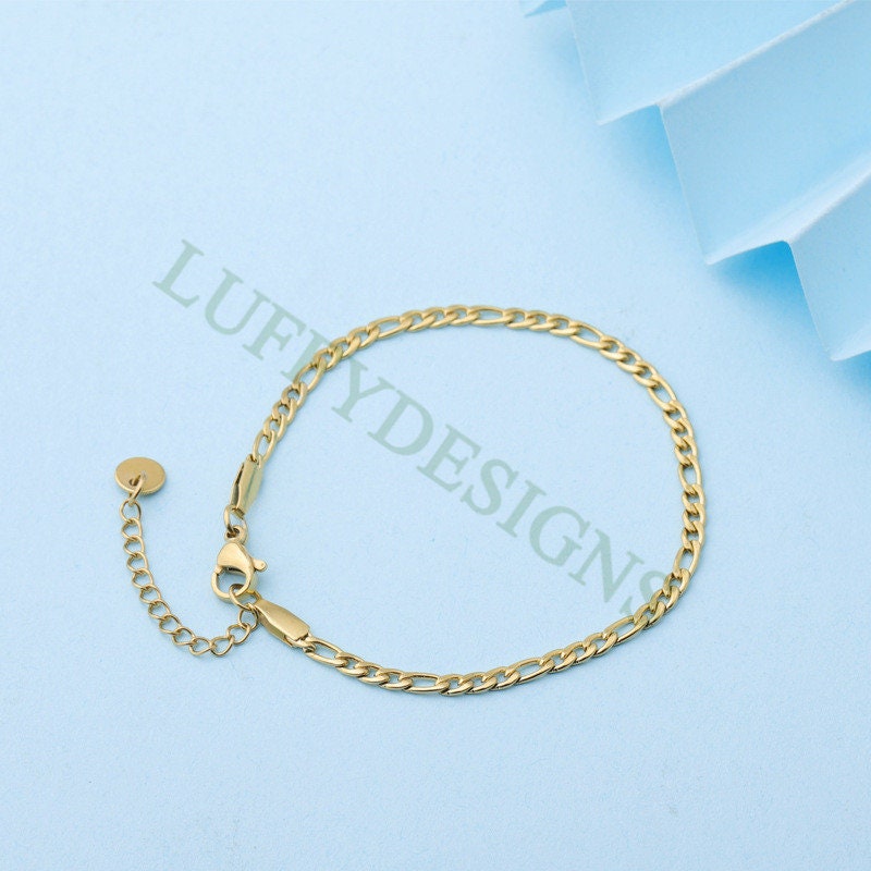 5pcs Finished Figaro Chain, 3:1 Chain Bracelet, 18k Gold plated 316L Stainless Steel, Womens Chain, Womens Bracelet, Hypoallergenic Chain