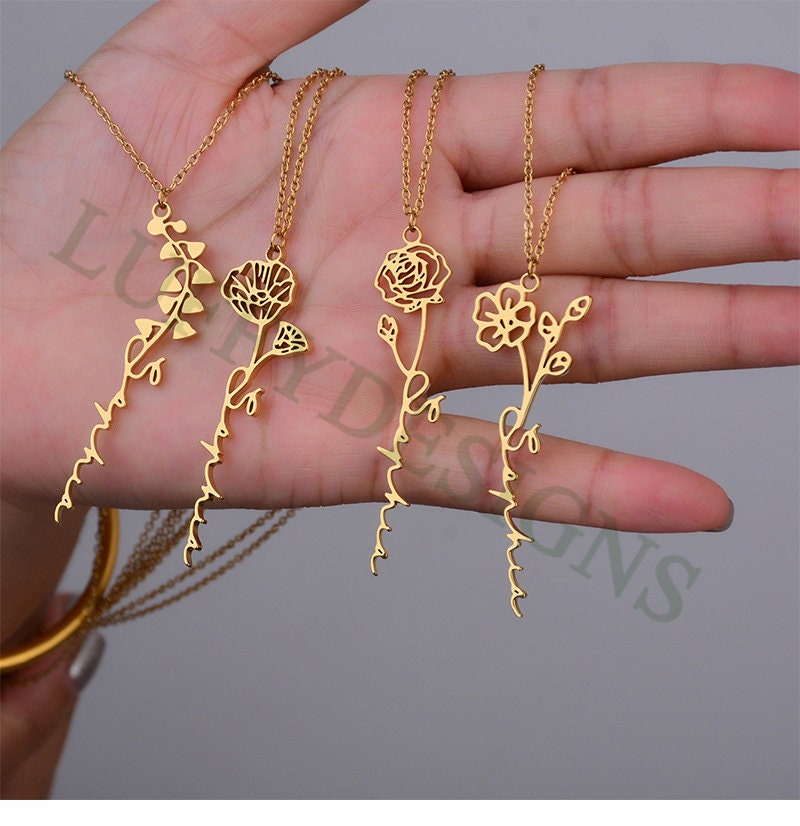 Custom Name Necklace with Birth Flower,Dainty Personalized Minimalist Jewelry,Pendant Necklace for Women,Christmas Bridesmaid Gift for Her