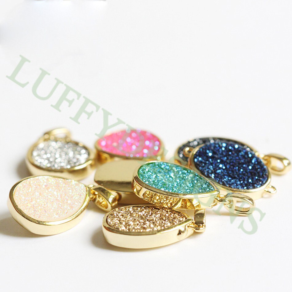 5pcs Gold Titanium Druzy Pendant 19x15mm, Drop Gemstone Druzy Charm, Natural Druzy Stone, Rainbow Agate Geode Pendant, Drusy Charm Jewelry