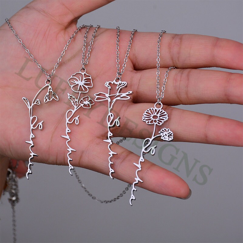 Custom Name Necklace with Birth Flower,Dainty Personalized Minimalist Jewelry,Pendant Necklace for Women,Christmas Bridesmaid Gift for Her