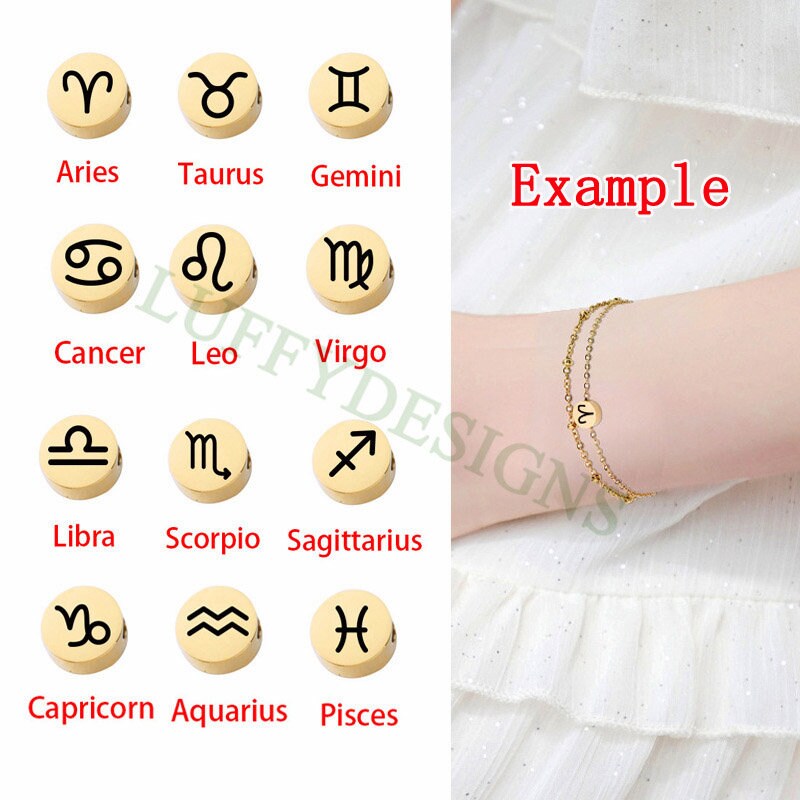 5pcs Round/Heart Zodiac Symbol Constellation Charm 8mm, Gold plated Stainless Steel, Gold Zodiac Beads,Constellation Beads,Zodiac Sign Beads