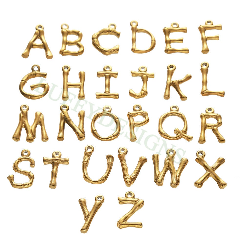 Bamboo Alphabet Initial Charms, Uppercase Bamboo Letter Charm, Alphabet Charm, Gold Bamboo Letter Pendant, 18K Gold Plated Stainless Steel