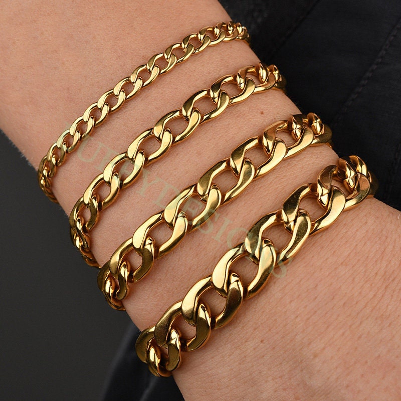 5pcs Gold Cuban Link Chain Bracelet, Miami Cuban Curb Links, Cuban Men Bracelet, NK 1:1 Curb Bracelet, Gift for Men, Gold Stainless Steel
