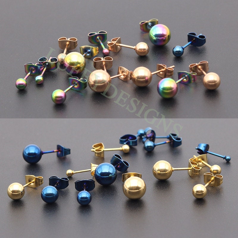 20pcs Ball Post Earring, Ball Stud Earring, 316L Stainless Steel Post, 18K Gold Plated, Earring Findings, 2mm /3mm /4mm /5mm /6mm /8mm