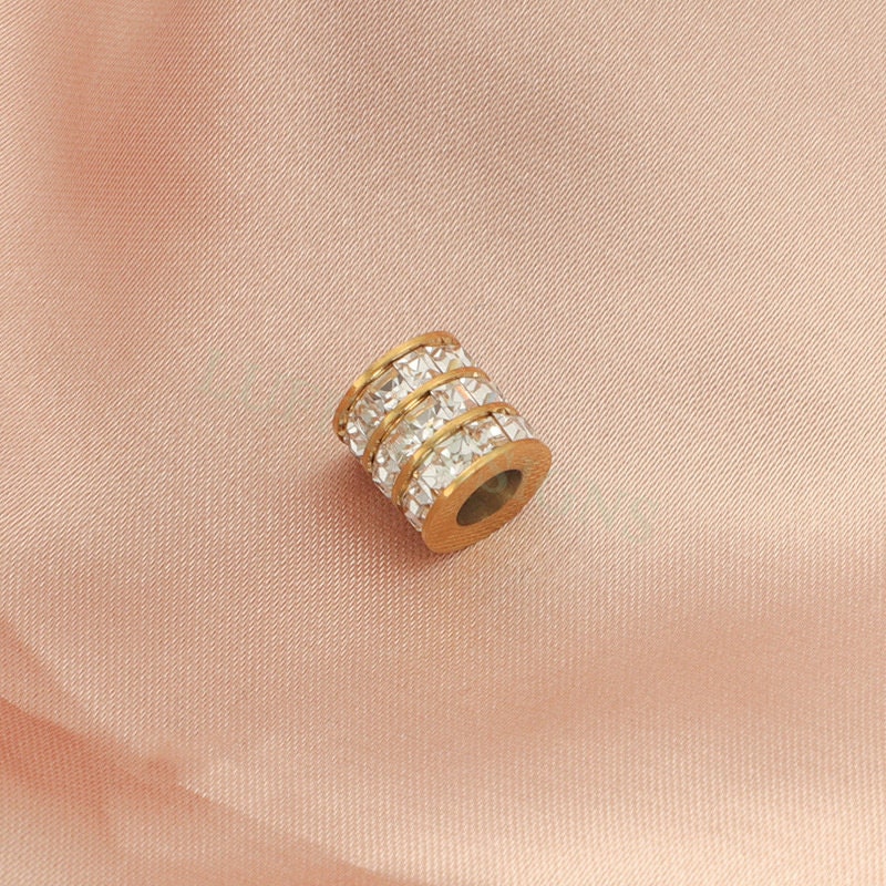 10pcs CZ Micro Pave 3 Row Round Beads, Cubic Zirconia Jewelry Making Spacer, CZ Beads Pendant, Gold plated Stainless Steel, CZ Bead Charms