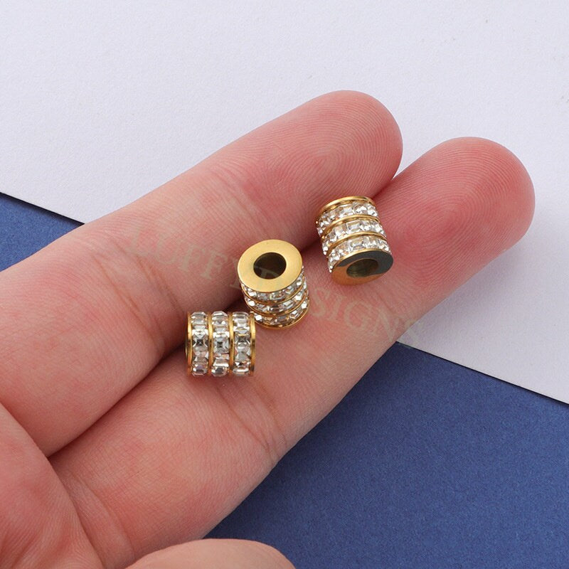 10pcs CZ Micro Pave 3 Row Round Beads, Cubic Zirconia Jewelry Making Spacer, CZ Beads Pendant, Gold plated Stainless Steel, CZ Bead Charms