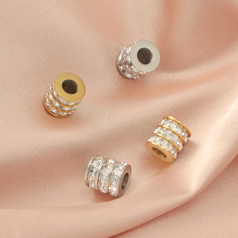 10pcs CZ Micro Pave 3 Row Round Beads, Cubic Zirconia Jewelry Making Spacer, CZ Beads Pendant, Gold plated Stainless Steel, CZ Bead Charms