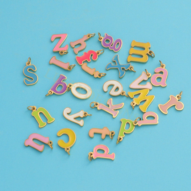 Colorful Letter Charms 12x8mm, Alphabet Charms Pendant, Gold Lowercase Letter Charm, 26 Letters Initial Charms,Gold Stainless Steel Findings