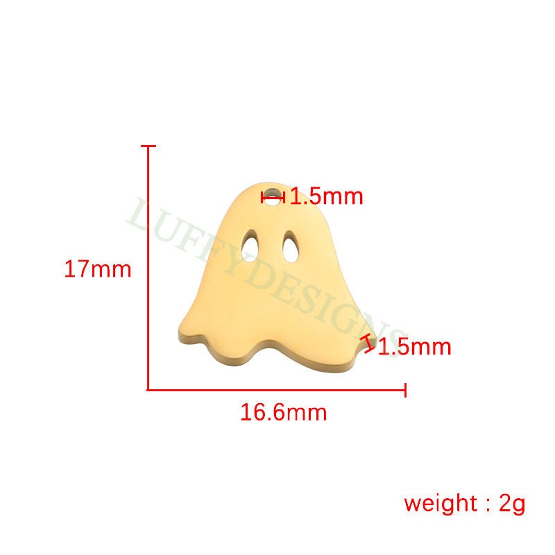 10pcs Halloween Ghost Charms 17mm, Gold Ghost Pendant, Wholesale Ghost Findings for Jewelry, Tiny Halloween Charms, Gold Stainless Steel