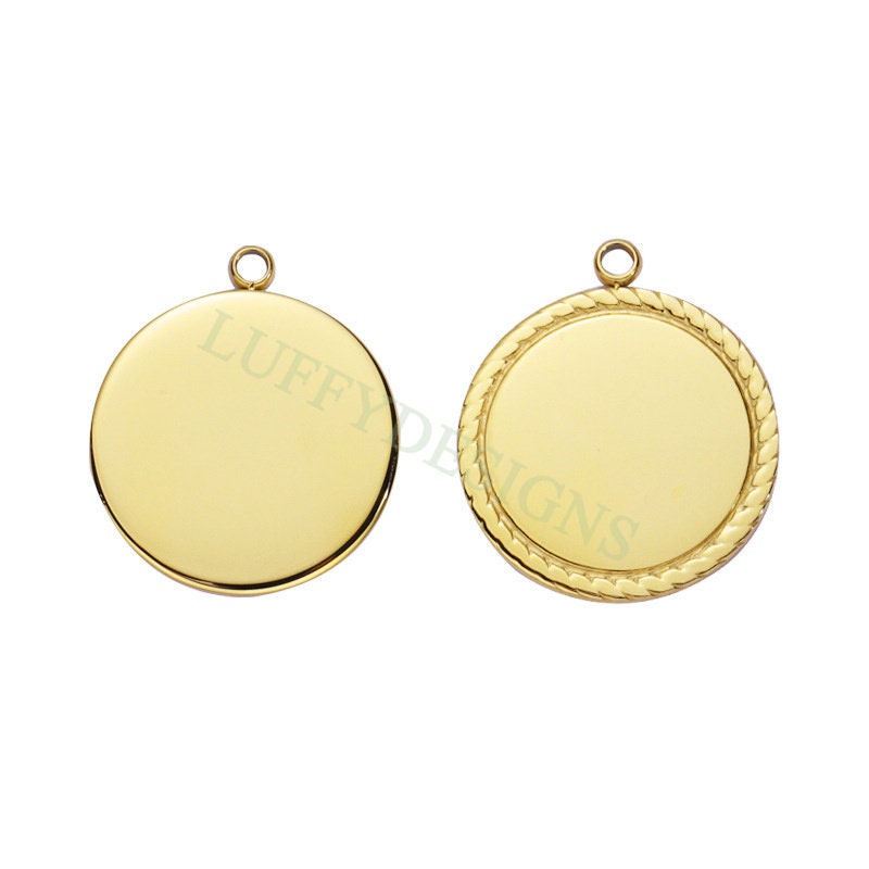 5pcs Gold Disc Charms with Lace Border 25mm, Mirror Polished Round Pendant, Metal Stamping Blanks Charm, Engravable Round Blank in Steel