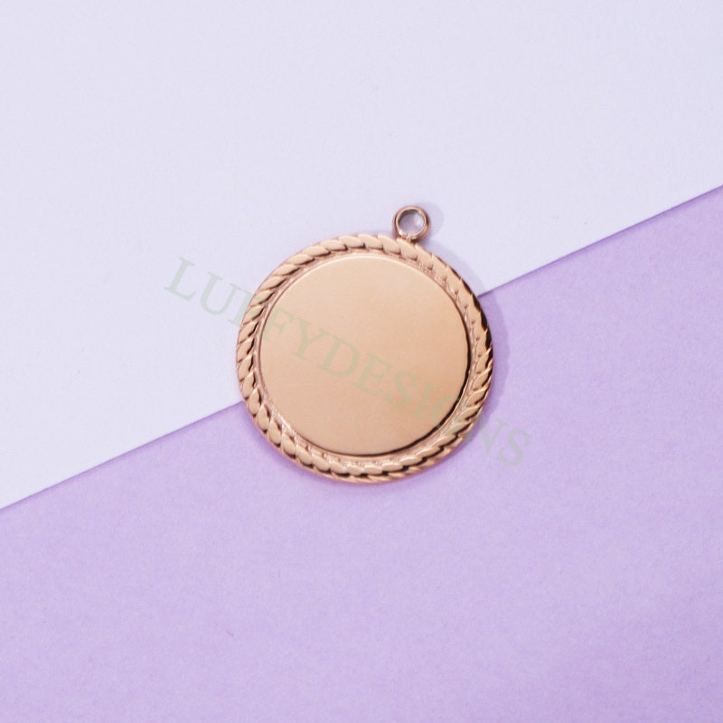 5pcs Gold Disc Charms with Lace Border 25mm, Mirror Polished Round Pendant, Metal Stamping Blanks Charm, Engravable Round Blank in Steel