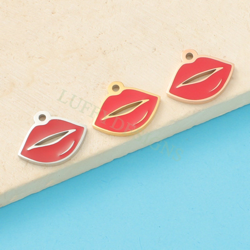 10pcs Enamel Red Lips Charm 13x10mm, Fun Lips Pendant for Necklace/Bracelet Supply, Tiny Little Lips, Gold Stainless Steel, Valentine Gift