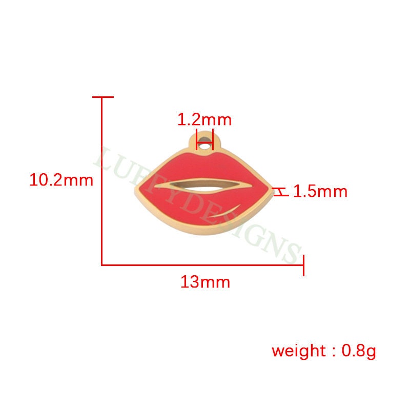 10pcs Enamel Red Lips Charm 13x10mm, Fun Lips Pendant for Necklace/Bracelet Supply, Tiny Little Lips, Gold Stainless Steel, Valentine Gift