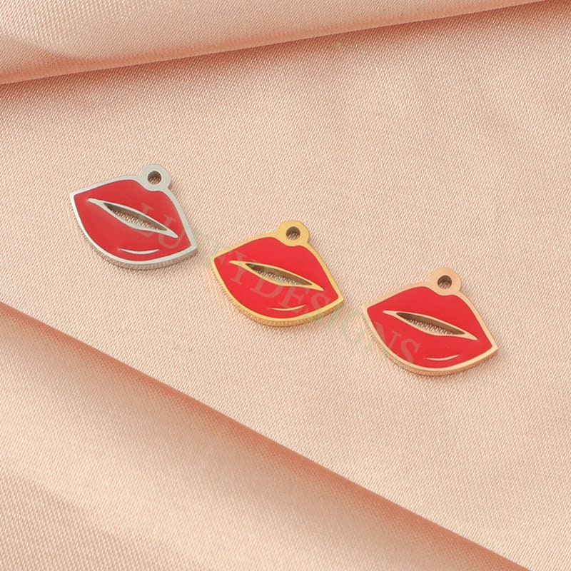 10pcs Enamel Red Lips Charm 13x10mm, Fun Lips Pendant for Necklace/Bracelet Supply, Tiny Little Lips, Gold Stainless Steel, Valentine Gift