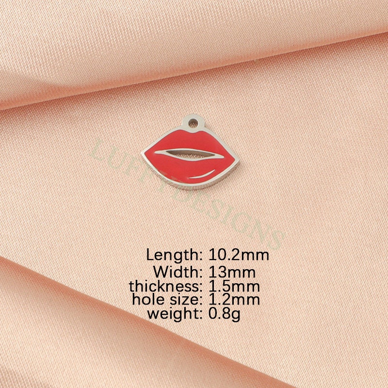 10pcs Enamel Red Lips Charm 13x10mm, Fun Lips Pendant for Necklace/Bracelet Supply, Tiny Little Lips, Gold Stainless Steel, Valentine Gift