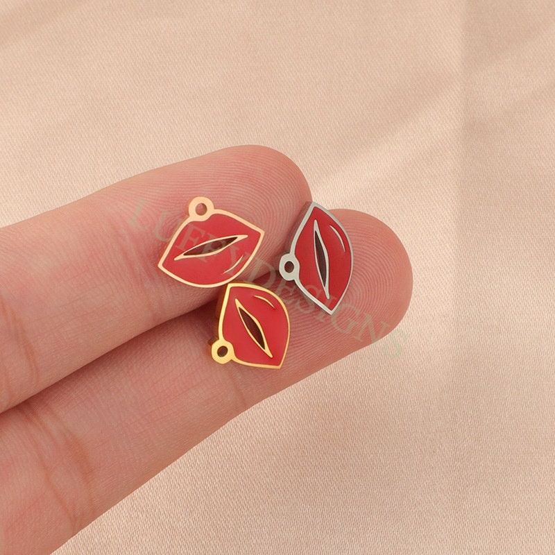10pcs Enamel Red Lips Charm 13x10mm, Fun Lips Pendant for Necklace/Bracelet Supply, Tiny Little Lips, Gold Stainless Steel, Valentine Gift