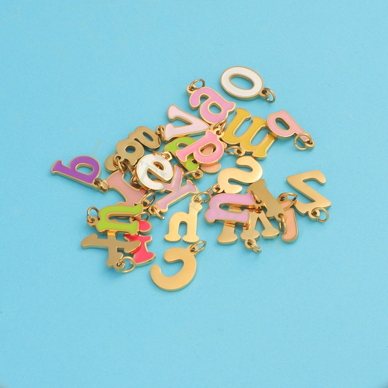 Colorful Letter Charms 12x8mm, Alphabet Charms Pendant, Gold Lowercase Letter Charm, 26 Letters Initial Charms,Gold Stainless Steel Findings