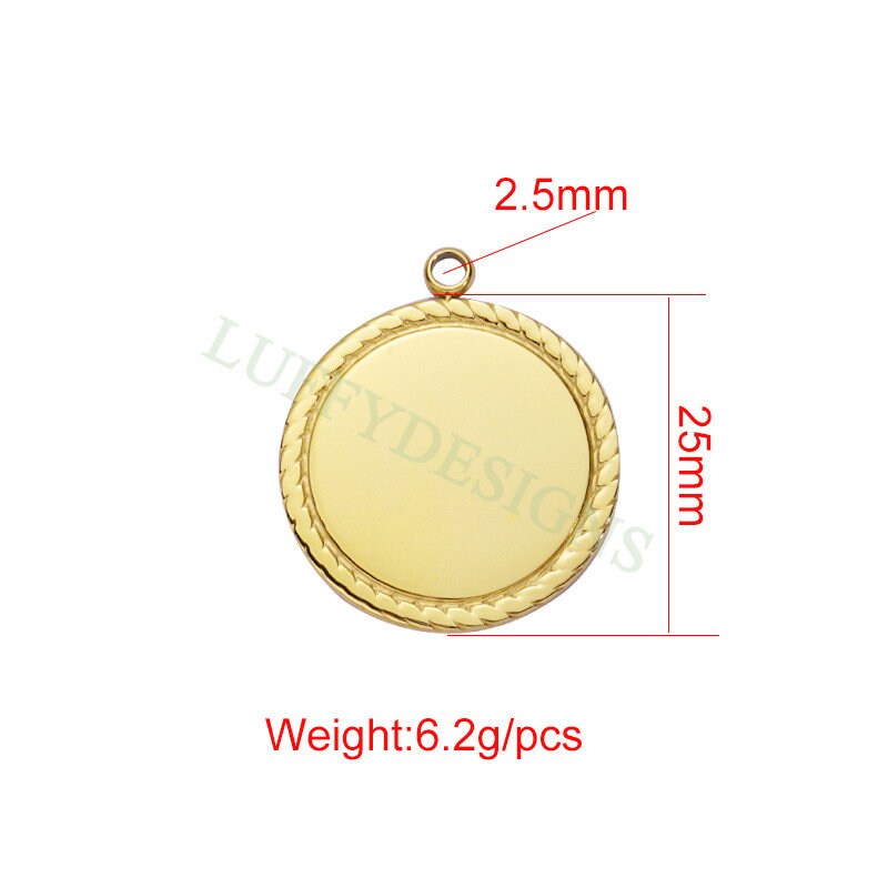 5pcs Gold Disc Charms with Lace Border 25mm, Mirror Polished Round Pendant, Metal Stamping Blanks Charm, Engravable Round Blank in Steel