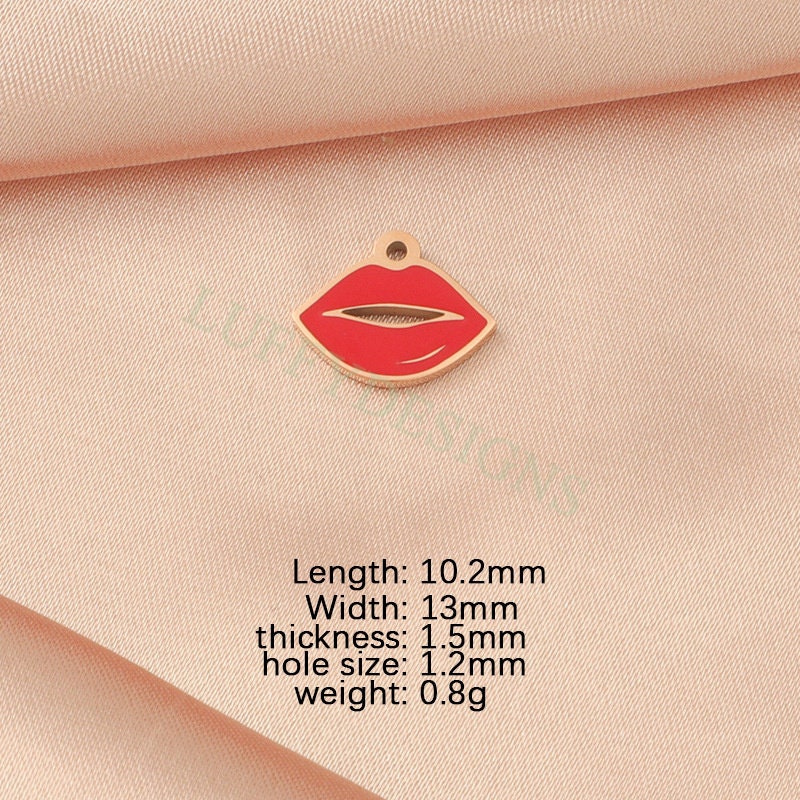 10pcs Enamel Red Lips Charm 13x10mm, Fun Lips Pendant for Necklace/Bracelet Supply, Tiny Little Lips, Gold Stainless Steel, Valentine Gift