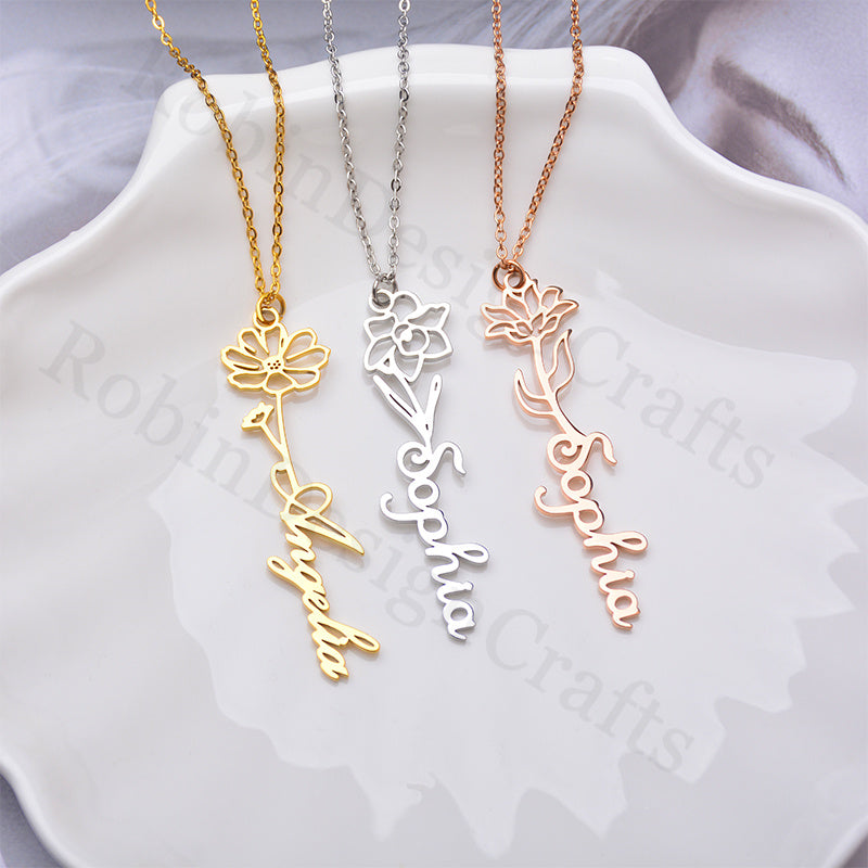 Personalized Name Necklace, Custom Name Necklace with Flower, Gold Name Necklace, Flower Necklace, Customized Nature Jewelry, Gift for Her