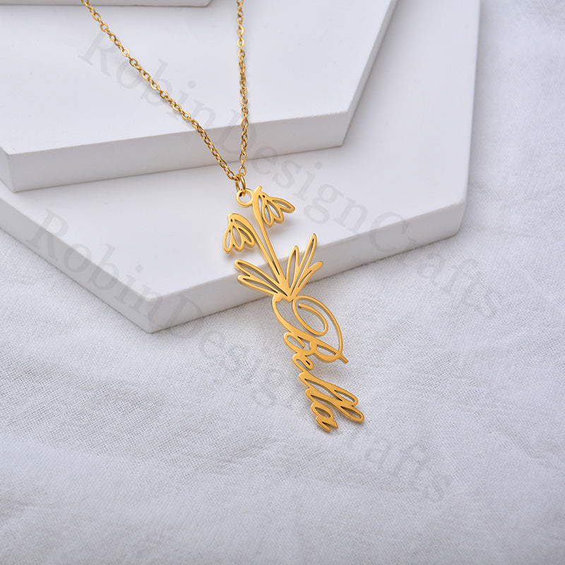 Personalized Name Necklace, Custom Name Necklace with Flower, Gold Name Necklace, Flower Necklace, Customized Nature Jewelry, Gift for Her