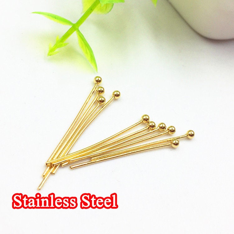 100pcs 16-50mm Stainless Steel Ball Headpins, Ball Pins, Gold Charms Handmade Supplies Wholesale, 18K Gold plated 304 Stainless Steel