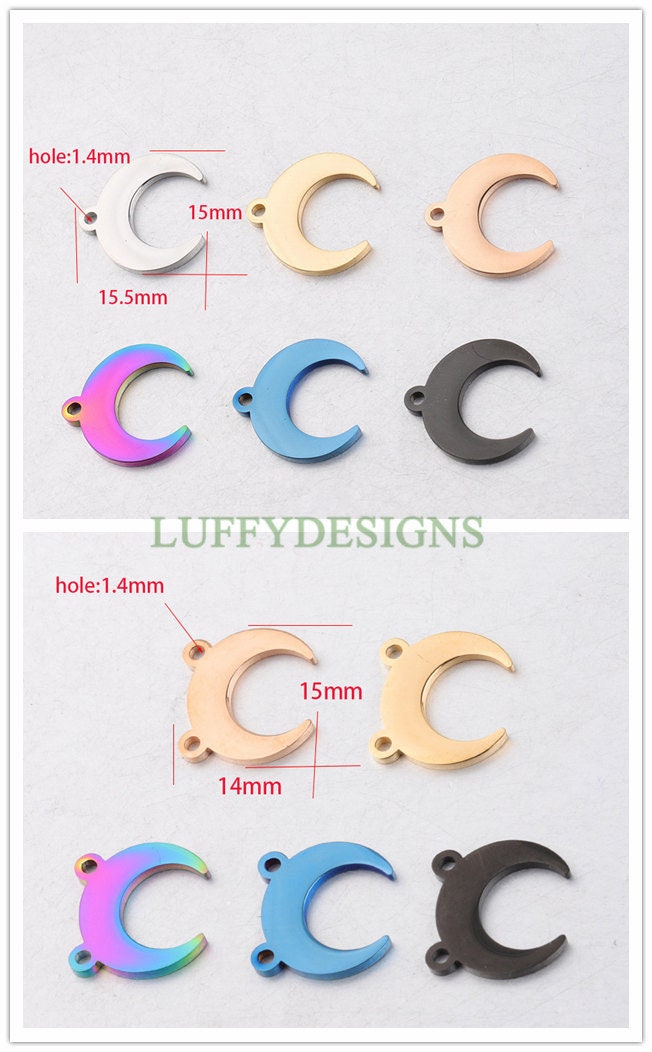 10pcs Crescent Moon Charms, Gold Moon Pendant, 18K Gold/ Rose Gold plated Stainss Steel, 1 Loop and 2 Loops