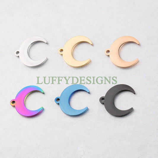 10pcs Crescent Moon Charms, Gold Moon Pendant, 18K Gold/ Rose Gold plated Stainss Steel, 1 Loop and 2 Loops