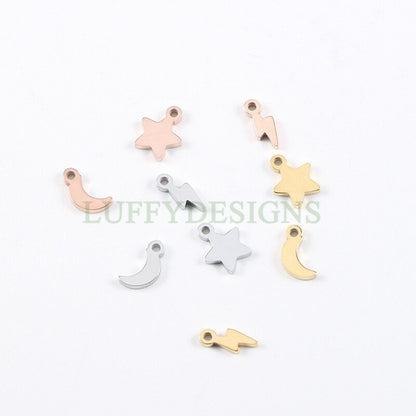 10pcs Crescent Moon Charms, Star Charms, Lightning Bolt Charms, Universe Charm Pendant, Starry Night Charm Pendant, Mirror Polished Findings