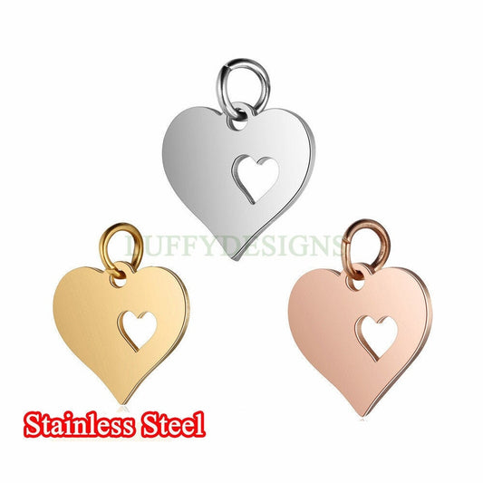 WHOLESALE 10pcs Heart Charms 16x13mm, Gold /Rose Gold Stainless Steel Heart, Metal Charms, Jewelry Making Supplies, Hollow Heart Findings