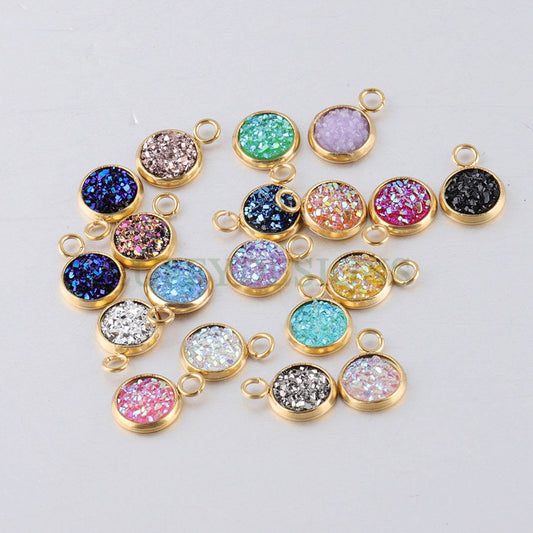 20pcs 8mm Druzy Charms, Gold Druzy Pendants, Round Stainless Steel Pendants, Faux Drusy DIY Findings, Drusy Jewelry, Druzy Earring Dangles