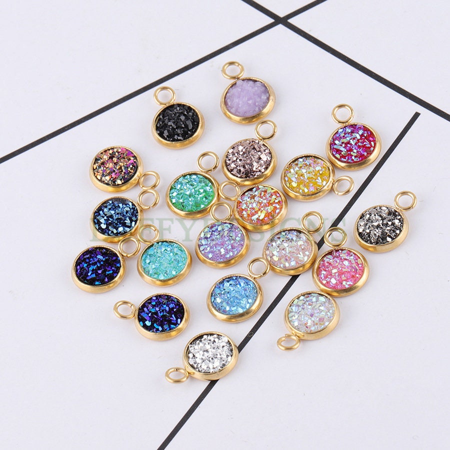 20pcs 8mm Druzy Charms, Gold Druzy Pendants, Round Stainless Steel Pendants, Faux Drusy DIY Findings, Drusy Jewelry, Druzy Earring Dangles