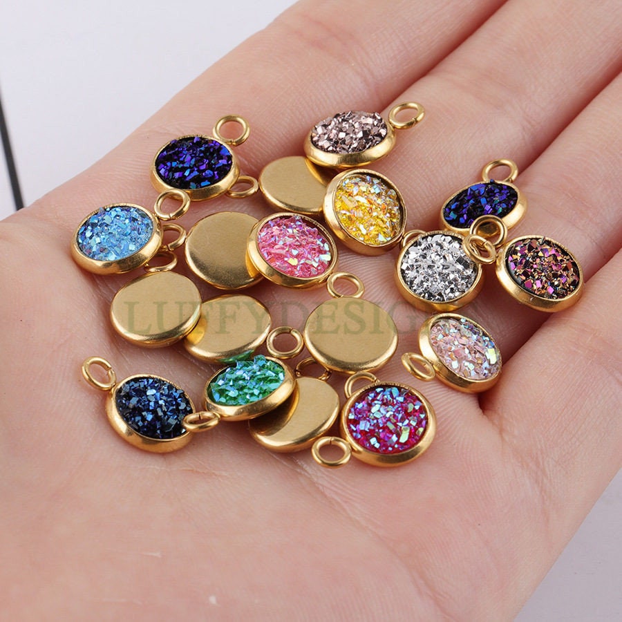 20pcs 8mm Druzy Charms, Gold Druzy Pendants, Round Stainless Steel Pendants, Faux Drusy DIY Findings, Drusy Jewelry, Druzy Earring Dangles