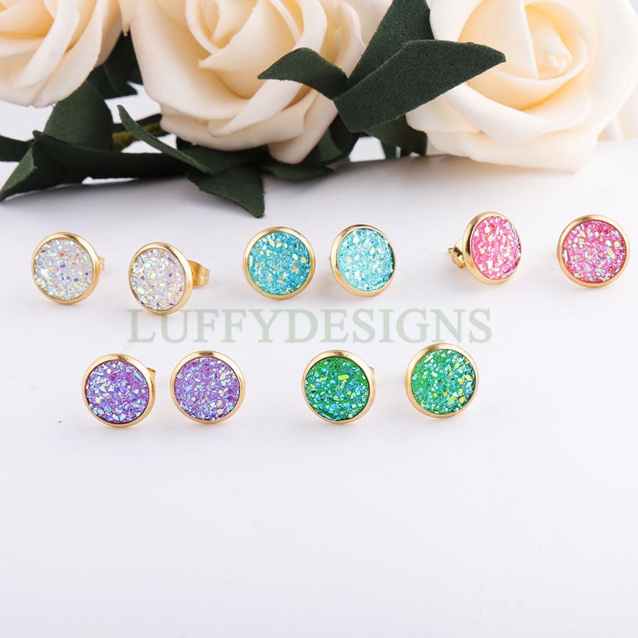 20pcs 8mm Druzy Earrings, Druzy Stud Earrings, Round Stainless Steel Stud Earrings, Faux Drusy Post Earrings, Drusy Jewelry, Raw Druzy Stud