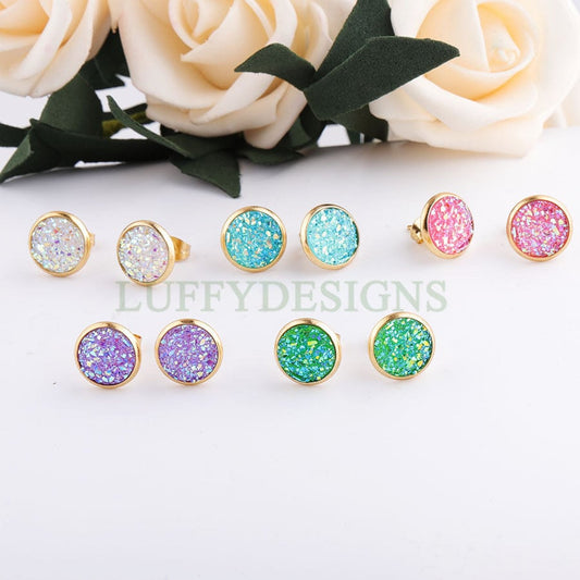 20pcs 8mm Druzy Earrings, Druzy Stud Earrings, Round Stainless Steel Stud Earrings, Faux Drusy Post Earrings, Drusy Jewelry, Raw Druzy Stud