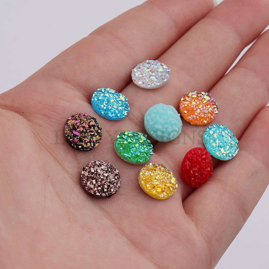 100pcs 10mm Round Druzy Cabochon, Faux Drusy Cabochons, Earring Findings Setting, Bulk Druzy Supplies, Druzy Stone for Stud Earring Making