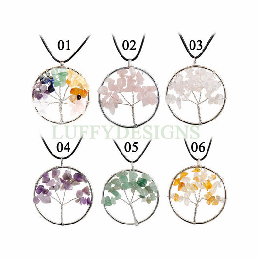 Rainbow Crystal Tree of Life, Natural Stones Chip Beads, Healing Stone Pendant, Wire Wrapped Pendant, Family Tree Jewelry, Gemstone Pendant